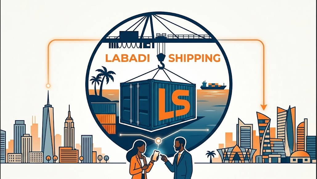 Labadi Shipping brand mark showing shipping routes and LS container transfer